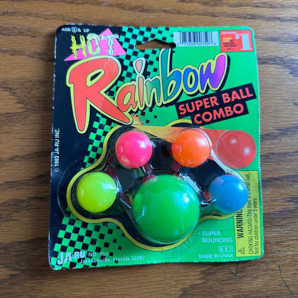 Vintage 1993 JA-RU Hot Rainbow Super Ball Combo Neon Bouncing Balls NOS 5 Pack